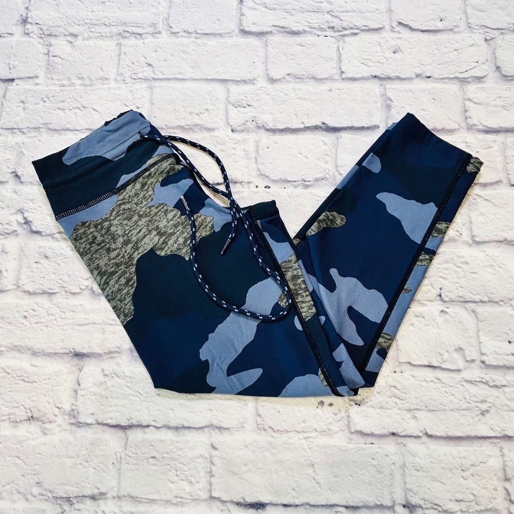 Aerie Chill Play Move Blue Camo High Waisted Cropped Leggings Small Drawstring
